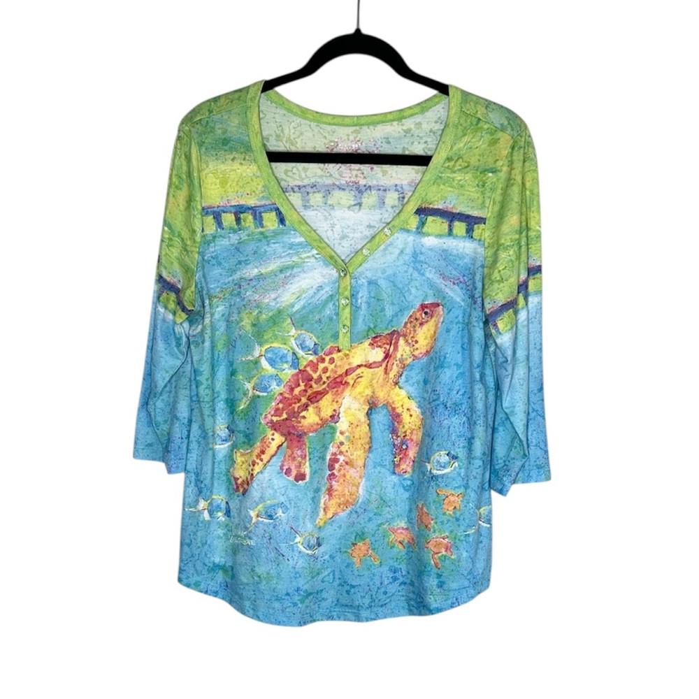 Leoma Lovegrove Art to wear Sea Turtle Ocean 3/4 sleeve top size Large